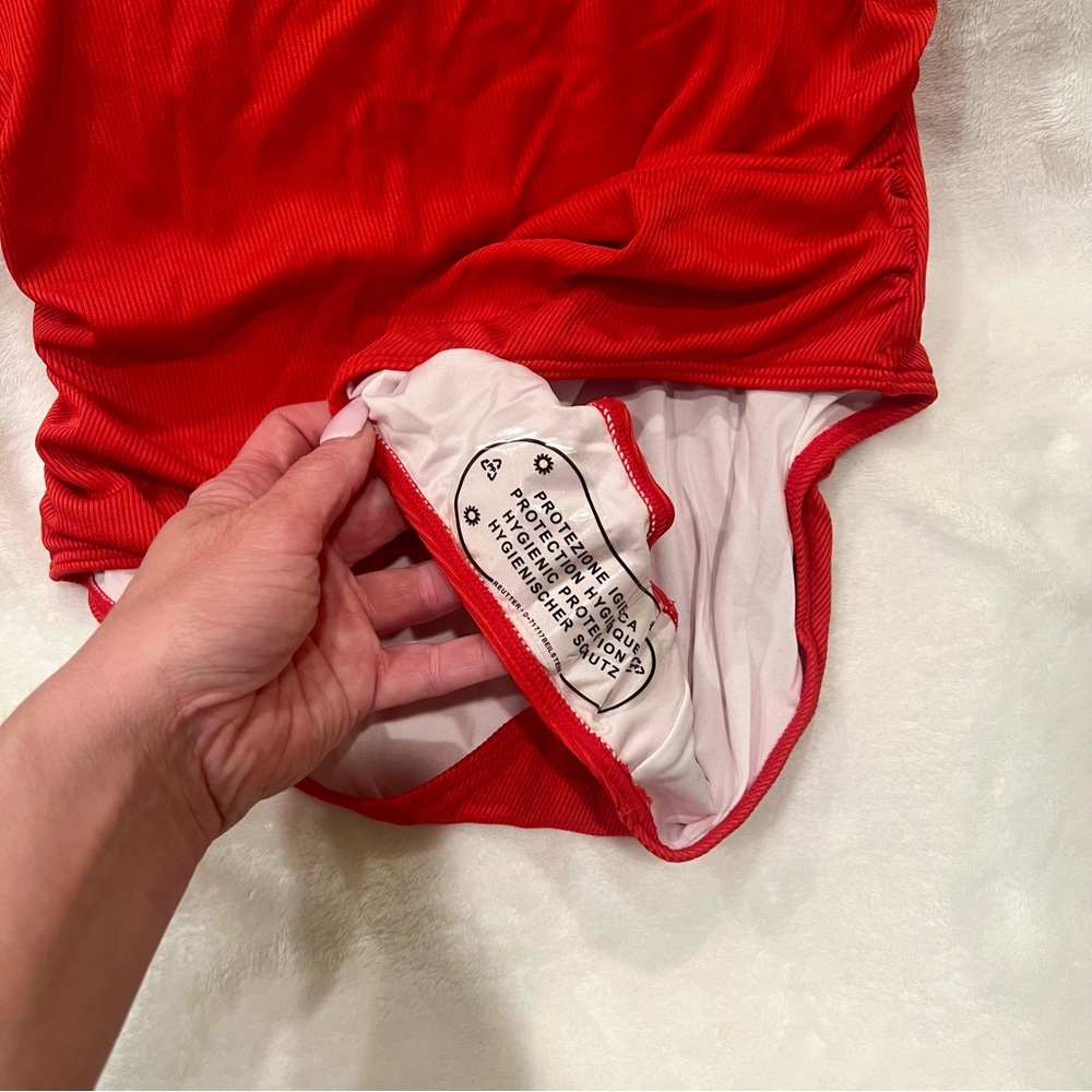 Tummy Control Square Neck Red Ribbed Swimsuit Adjustable ruffle strap ❤️ - Picture 7 of 9